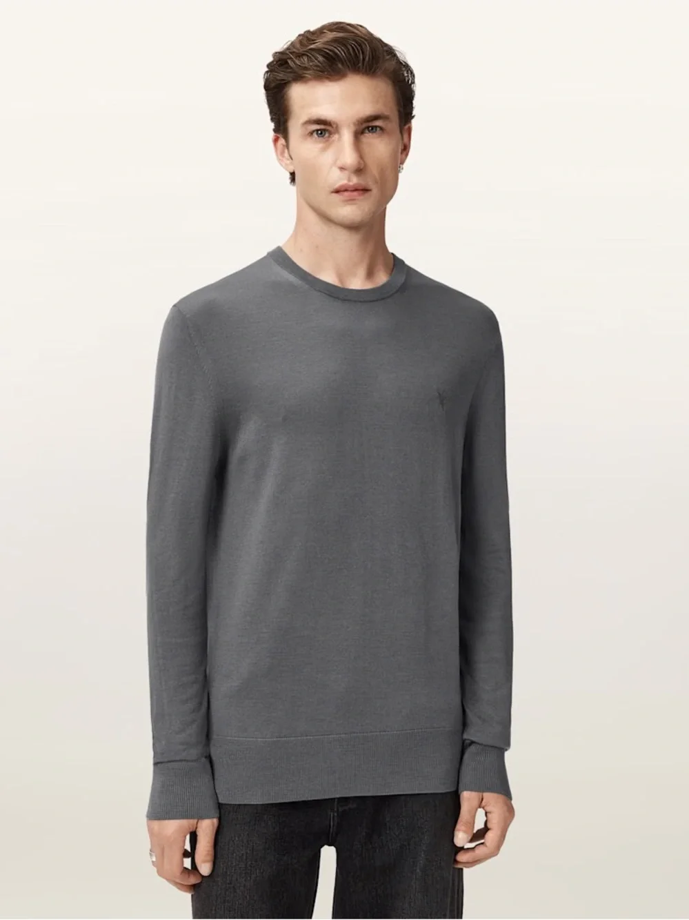 ALLSAINTS Wool Sweater Medium Mode Merino Crew Neck Ramskull Jumper Blue Grey